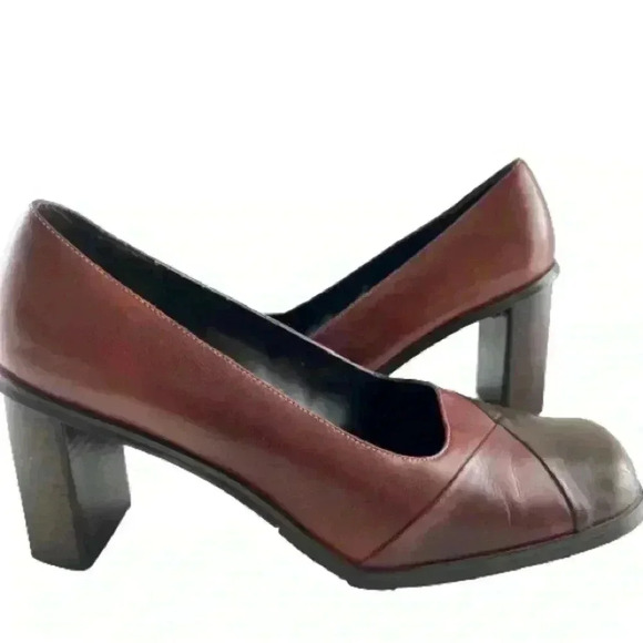 LUCA FERRI VINTAGE LEATHER BLOCK HEEL SQUARE TOE BROWN  BURGUNDY SHOES SIZE 9M - Picture 3 of 13